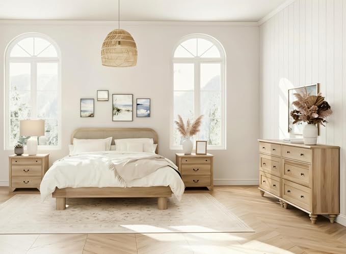 WAMPAT 4 Piece Bedroom Set - Includes Farmhouse 3 Drawer Storage Dressers, Set of 2 Nightstands with 3 Drawers, Dresser and Nightstand Sets, Oak