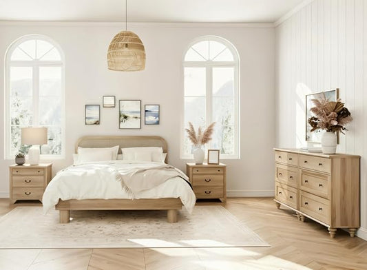 WAMPAT 4 Piece Bedroom Set - Includes Farmhouse 3 Drawer Storage Dressers, Set of 2 Nightstands with 3 Drawers, Dresser and Nightstand Sets, Oak