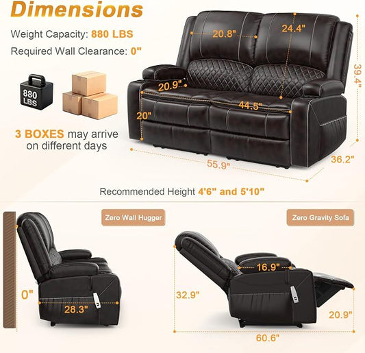 Loveseat Recliner Sofa, Power Reclining Loveseat Sofa RV Couch with Removable Armrest and Remote Control, Wall Hugger Home Theater Seating with 2-Tier Cushions, Storage & USB Ports, Brown