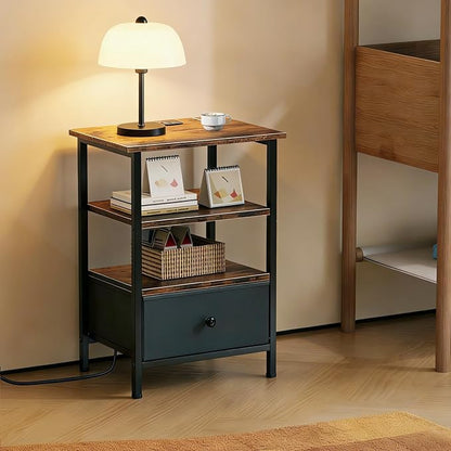 Side Table with Charging Station, Nightstand with Adjustable Fabric Drawer, Bedside Table for Bedrooms, Living Rooms & Home Decor (Brown Black)