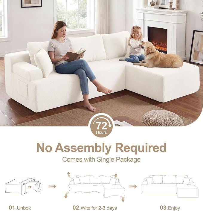 Hobestluk Modular Sectional Sofa Couches L-Shape Couch 3 Seat Modular Sofa Memory Foam Sectional Couches for Living Room, Cloud Couch with Oversized Chaise (White Smooth, 96", Right Hand Facing)