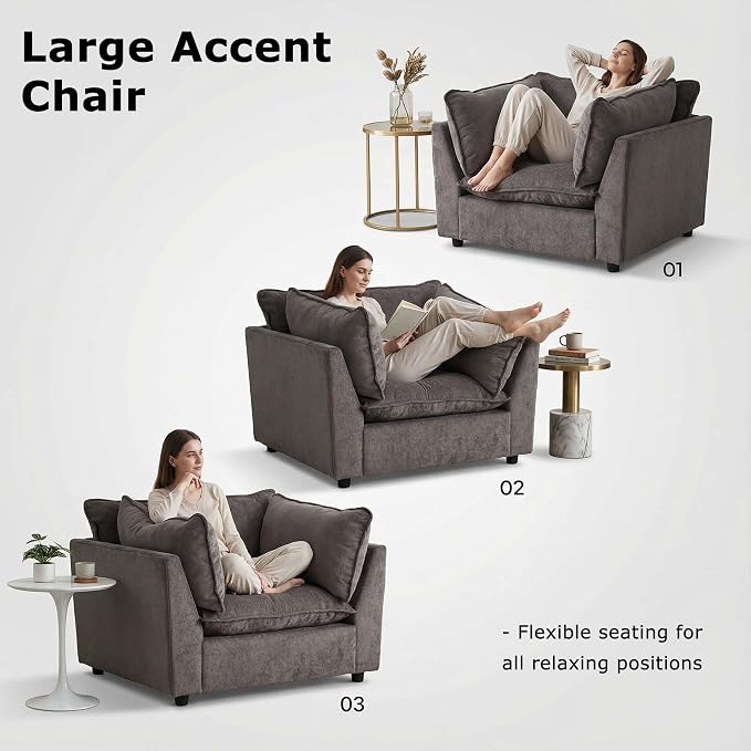 Iroomy Accent Chair, Plush Chenille Comfort Living Room Chair with Wide Seat, Modern Decorative Chair for Bedroom, Office, Reading Nook, Soft Cloud Chair Deep Seat, Grey | Premium Chenille