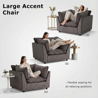 Iroomy Accent Chair, Plush Chenille Comfort Living Room Chair with Wide Seat, Modern Decorative Chair for Bedroom, Office, Reading Nook, Soft Cloud Chair Deep Seat, Grey | Premium Chenille