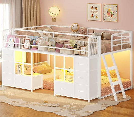 BTHFST Low Bunk Bed Twin Over Twin with 8 Fabric Drawers & Bookshelf, Twin Bunk Beds with RGB LED Lights, Windows, Metal Bunk Beds for Kids with Slanted Ladder & Safety Guardrails, Space Saving, White