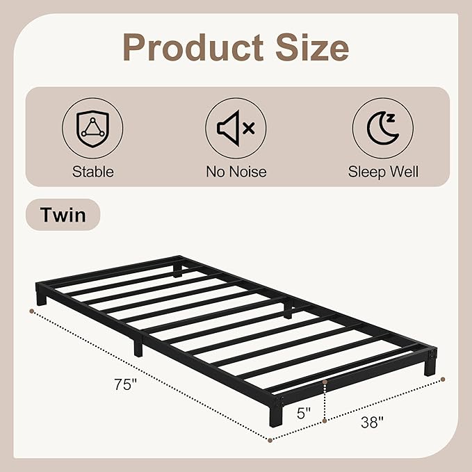 Cieemine 5 Inch Low Bed Frame Twin, Heavy Duty Steel Twin Bed Frames Low Profile, No Box Spring Needed, Easy Assembly, Noise Free, Black