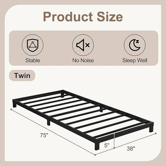 Cieemine 5 Inch Low Bed Frame Twin, Heavy Duty Steel Twin Bed Frames Low Profile, No Box Spring Needed, Easy Assembly, Noise Free, Black