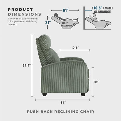 Lexicon Corduroy Pushback Recliner Chair Armchair Push Back Recliner, Solid Wood Frame and Metal Seat Base, Soft Single Sofa Accent Chair for Living Room/Office/Apartment, Easy Assembly, Green
