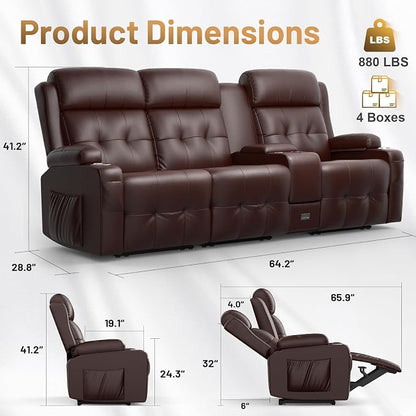 Recliner Sofa Set, Home Theater Seating with Massage, Loveseat Recliner Couch and Recliner Single Chair with USB, Wall Hugger Reclining Movie Theater Chair with Cup Holders, Drawer for Gaming Room