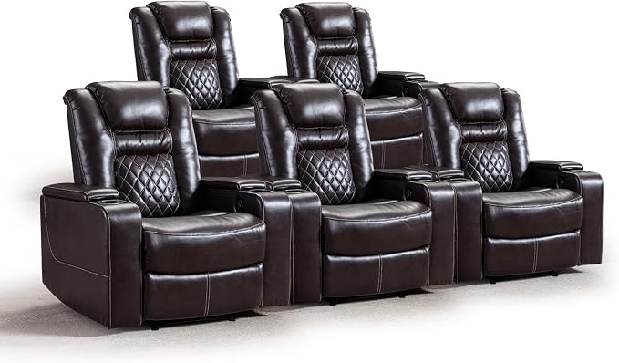 CANMOV Electric Power Recliner Chair Set of 5, Breathable Leather Home Theater Seating with Hidden Arm Storage, Power Recliner Chair for Living Room with USB Ports and Cup Holders,Brown