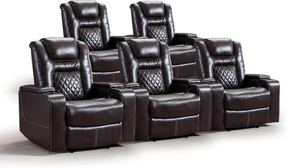 CANMOV Electric Power Recliner Chair Set of 5, Breathable Leather Home Theater Seating with Hidden Arm Storage, Power Recliner Chair for Living Room with USB Ports and Cup Holders,Brown
