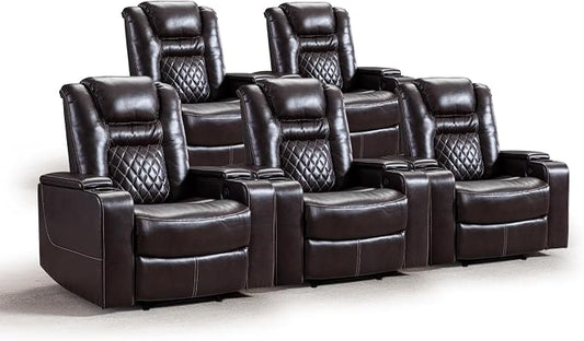 CANMOV Electric Power Recliner Chair Set of 5, Breathable Leather Home Theater Seating with Hidden Arm Storage, Power Recliner Chair for Living Room with USB Ports and Cup Holders,Brown
