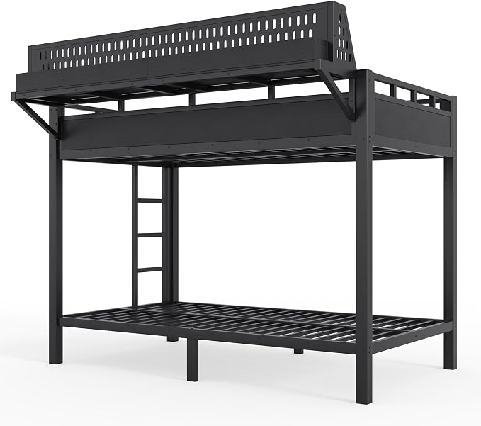 Bellemave Bunk Bed Twin XL Over Twin XL，Metal Bunk beds with Storage Shelves USB Ports and LED Lights, Black