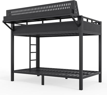 Bellemave Bunk Bed Twin XL Over Twin XL，Metal Bunk beds with Storage Shelves USB Ports and LED Lights, Black