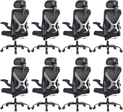Ergonomic Office Chair - X-Shaped Computer Desk Chair Comfy, Gaming Chair, Office Chair with Lumbar Support, Mesh Office Chairs with Headrests, Desk Chair for Long Hours, Black Silver, Pack of 8