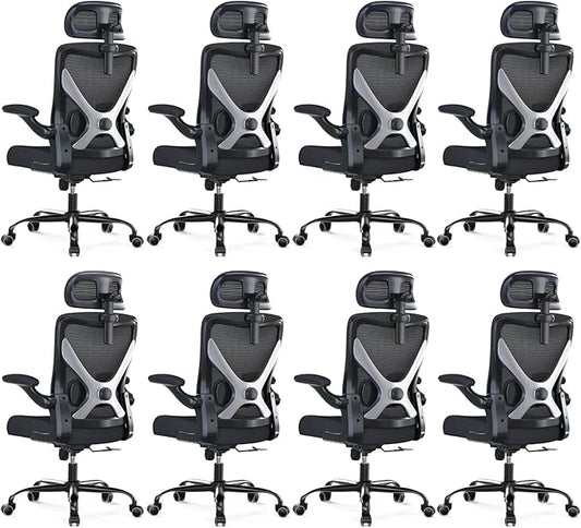 Ergonomic Office Chair - X-Shaped Computer Desk Chair Comfy, Gaming Chair, Office Chair with Lumbar Support, Mesh Office Chairs with Headrests, Desk Chair for Long Hours, Black Silver, Pack of 8