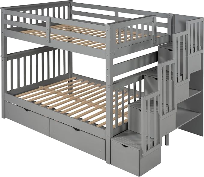 RUNNA Full Over Full Bunk Bed, Convertible, Storage Stairs Gray | Full over full bunk bed, convertible split design, storage stairs, solid pine wood, guardrails, no box spring needed,Gray