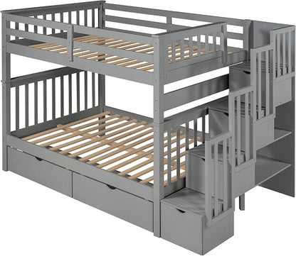 RUNNA Full Over Full Bunk Bed, Convertible, Storage Stairs Gray | Full over full bunk bed, convertible split design, storage stairs, solid pine wood, guardrails, no box spring needed,Gray