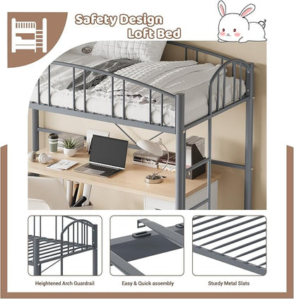 GarveeHome Loft Bed Twin Size, Heavy Duty Metal Loft Bed Frame with Arched Guardrail and Safety Ladder, Space-Saving, No Box Spring Needed, Modern Gray