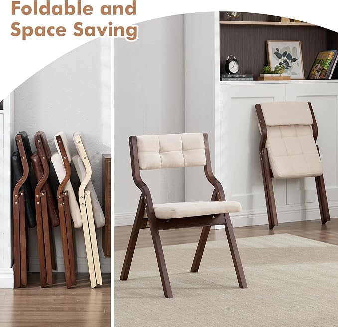 2-Pack Folding Dining Chairs with Cushion,Padded Foldable Dining Chairs,Portable Wooden Folding Chairs for Dining Rooms Kitchen Wedding and Party Indoor Walnut Beige