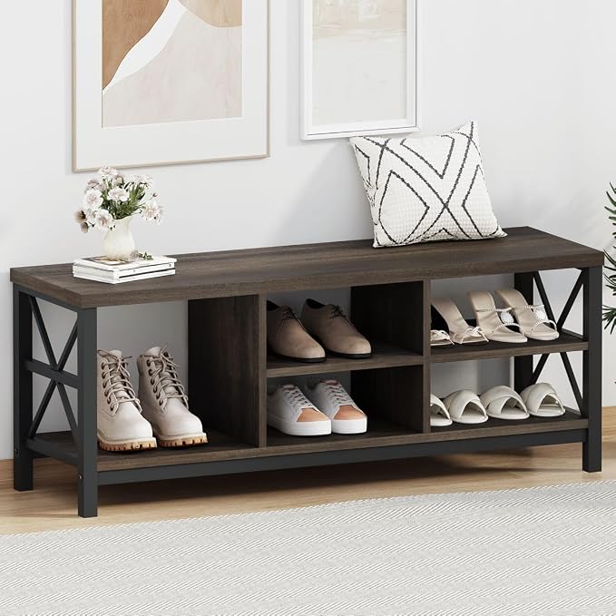 FATORRI Shoe Bench Entryway with Storage, Industrial Wood and Metal Hallway Benches with Adjustable Shelves, Rustic Entry Way Bench for Living Room (47.24 Inch Long, Walnut Brown)