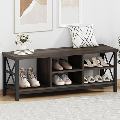 FATORRI Shoe Bench Entryway with Storage, Industrial Wood and Metal Hallway Benches with Adjustable Shelves, Rustic Entry Way Bench for Living Room (47.24 Inch Long, Walnut Brown)