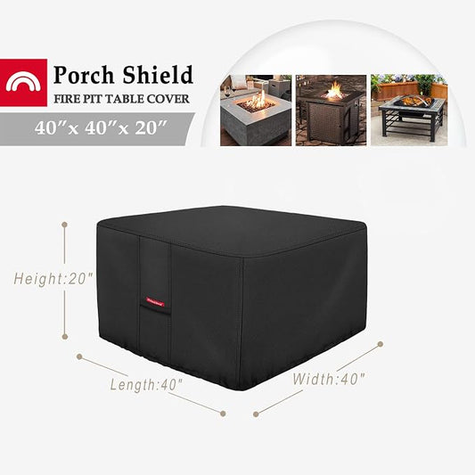 Porch Shield Fire Pit Cover - Waterproof 600D Heavy Duty Fade Resistant Square Patio Fire Pit Table Cover Black - 40 x 40 inch