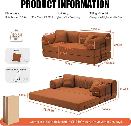 78.8" Memory Foam Boneless Couch, Corduroy Floor Sofa Bed, Convertible Sleeper Futon Loveseat, Wide Armrests & Back Support, Supports Up to 1200 lbs, Couch in a Box with 2 Pillows, Orange