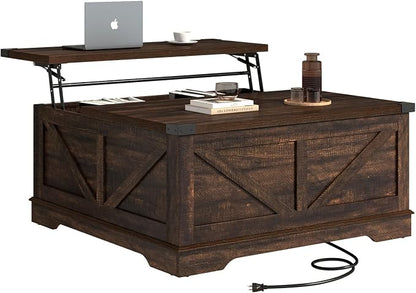Hlivelood 40” Large Farmhouse Lift Top Coffee Table with Power Outlets and Large Hidden Storage, Square Wood Living Room Tables, Multi-Function Lift Wooden Barn Door Center Table, Brown