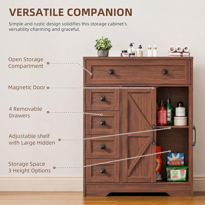 Vabches Farmhouse Storage Cabinet with 2 Doors and 5 Drawers, Freestanding Bathroom Cabinets Kitchen Pantry, Floor Storage Cabinet Hutch Cupboard for Living Room/Bathroom/Kitchen. Walnut