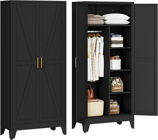 Metal Wardrobe Closet with Doors, 71" H Armoire Wardrobe Closet with 3 Adjustable Shelves and Hanging Rod, Steel Clothing Storage Cabinet for Bedroom, Home, Employee, Gym, Office, Black