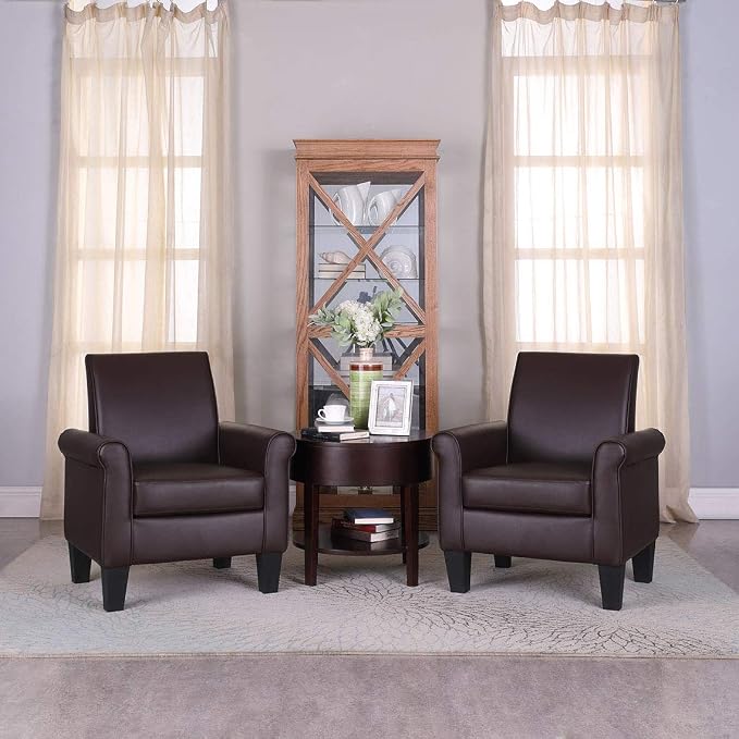 Modern Faux Leather Accent Chair, Upholstered Living Room Armchairs, Comfy Winged Arm Single Sofa Chair for Bedrom, Apartment, Office, Espresso