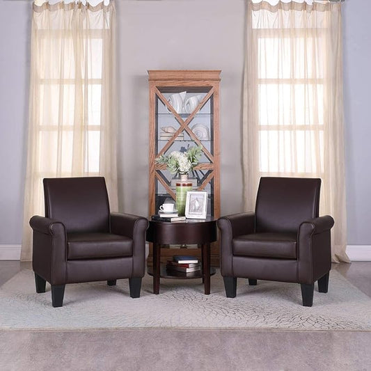 Pu Leather Accent Chair Set of 2, Overstuffed Mid Century Modern Living Room Chairs Upholstered Comfortable Reading Chair Fake Leather Armchair for Bedroom, Office -Brown