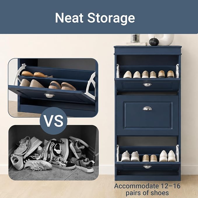 Haotian Shoe Cabinet with 3 Flip Drawers, Freestanding Shoe Rack for Entryway, Shoe Organizer with Hidden Drawer, Navy Blue, FSR94-B (9.45" D x 20.87" W x 46" H)