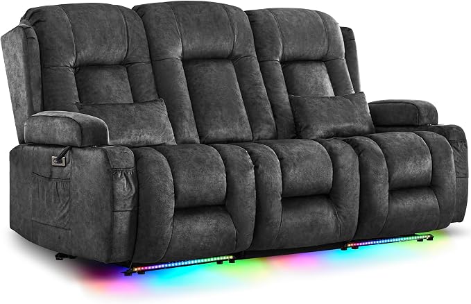 URRED Power Loveseat Recliner Sofa with Massage and Heat, Wall Hugger Reclining Loveseat with Console, RV Couch Home Theater Seating with LED Lights for Living Room (Brown, 76.8" - 3 Seats)