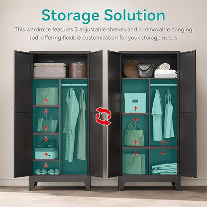 71" Tall Metal Armoire Wardrobe Closet with Hanging Rod and 3 Adjustable Shelves,Black Storage Cabinet,Steel Wardrobe for Bedroom Garage Laundry Room Office Apartment,6 Tier 1 Pack