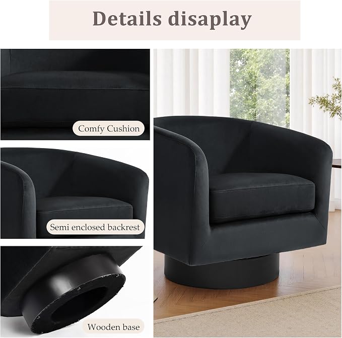 Swivel Barrel Accent Chair, Velvet Upholstered Armchair Modern Round Club Arm Chair for Living Room, Comfy Single Sofa Seating Bedroom Side Reading Seat for Home Office - Black
