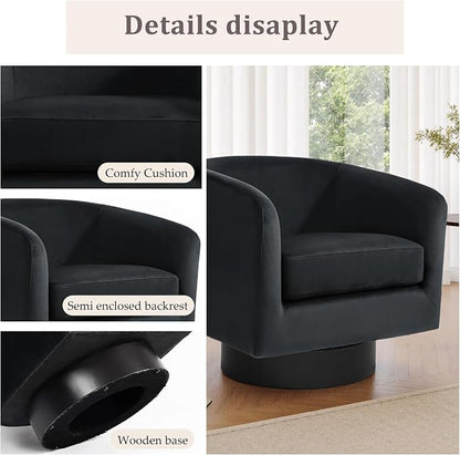Swivel Barrel Accent Chairs Set of 2, Velvet Upholstered Armchair Modern Round Club Arm Chair for Living Room, Comfy Single Sofa Seating Bedroom Side Reading Seat for Home Office - Black