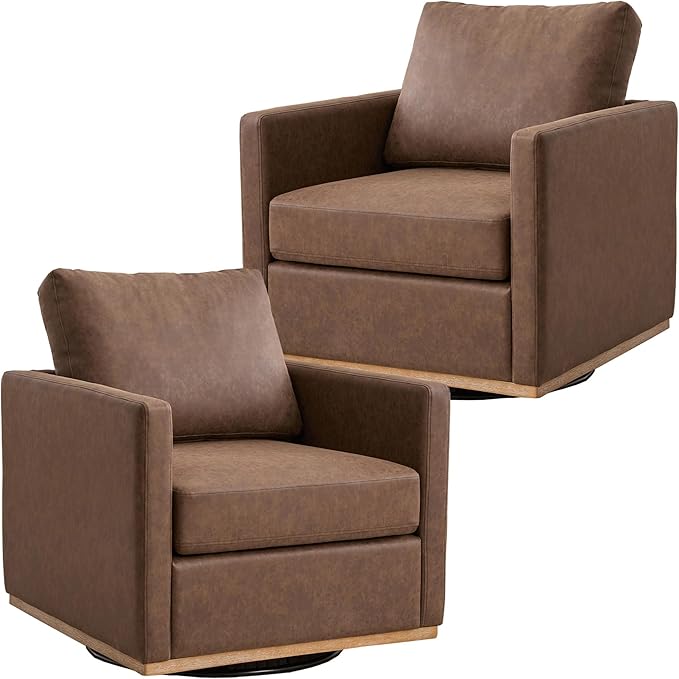 Swivel Accent Chair Set of 2, 360 Degree Square Swivel Chair for Living Room, Mid Century Modern Upholstered Barrel Chair,Comfy Sofa Armchairs for Bedroom,Nursery,PU Leather, Coffee