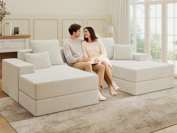 Living&Giving 101" U-Shaped Cloud Sectional Couch for Living Room, Cloud Boneless Couch-No Assembly with Reversible Chaise, Customizable 3-Seat Modular Sectional Sofa with 2 Ottoman, Beige