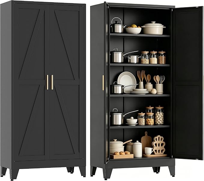 71”H Metal Kitchen Pantry Cabinet, Pantry Cabinets with 2 Doors and 4 Shelves, Kitchen Cabinet for Kitchen, Dining Room, Living Room and Bathroom, Black