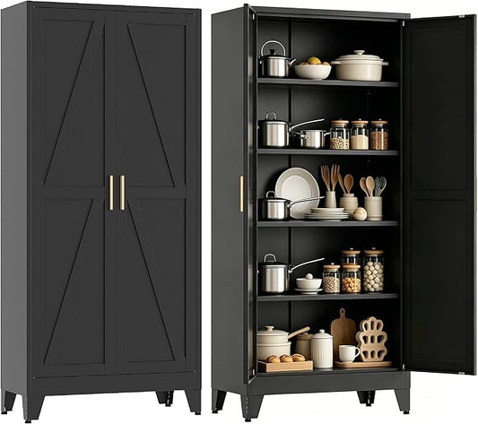 71”H Metal Kitchen Pantry Cabinet, Pantry Cabinets with 2 Doors and 4 Shelves, Kitchen Cabinet for Kitchen, Dining Room, Living Room and Bathroom, Black