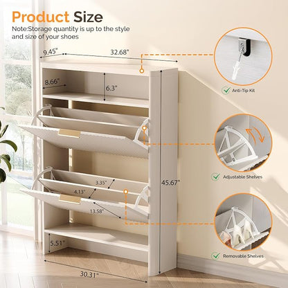 VINGLI White Slim Shoe Cabinet with Curved Edges, Modern Hidden Shoe Storage Organizer with 2 Flip Drawers & Open Shelf, Narrow White Shoe Cupboard with Fluted Panel & Anti-Tip Kit, 32.7" W