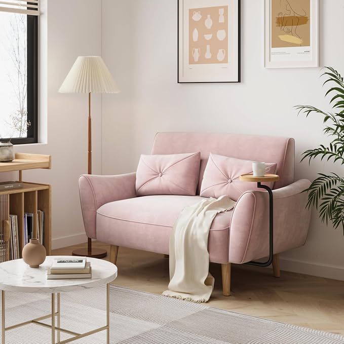 Brelice Loveseat Sofa, 47" Velvet Couch for Bedroom, Convertible Wooden Tray & Ergonomic Armrest, for Small Space, Apartment, Living Room, Home Office, Easy Assembly, Pink
