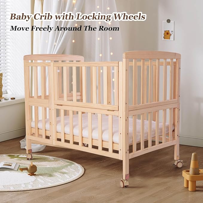 Flwrgirl Convertible Mini Baby Crib - Portable Bedside Bassinet with Mattress Included,5 Heights Baby Crib with Wheels for Newborns,Infant 0-18 Months,Unpainted