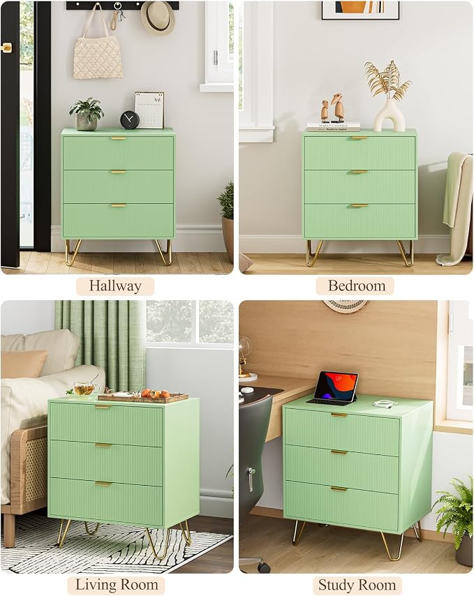 Green Dresser for Bedroom, Modern Fluted 3 Drawer Dresser with Storage, Dresser Chest of Drawers with Gold Handles for Bedroom, Living Room, Closet, Hallway, 15.8" D x 23.6" W x 27.6" H