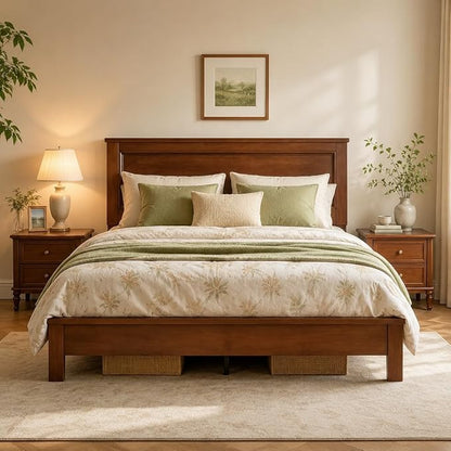 Wood Bed Frames with Headboard, Mid Century Bed Frame with Solid Wood Legs & Wooden Slat Support, Mattress Foundation Bed Base, No Box Spring Needed, (Walnut, Full)