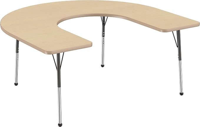 FDP Horseshoe Activity School and Office Table (60 x 66 inch), Standard Legs with Ball Glides for Collaborative Seating Environments, Adjustable Height 19-30 inches - Maple Top and Maple Edge