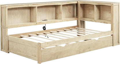 Bellemave Twin Corner Bed Frame with Trundle and USB Ports, Wood Twin Size Daybed with L-Shaped Bookcase，Daybed with Storage Cabinets, Wood Color