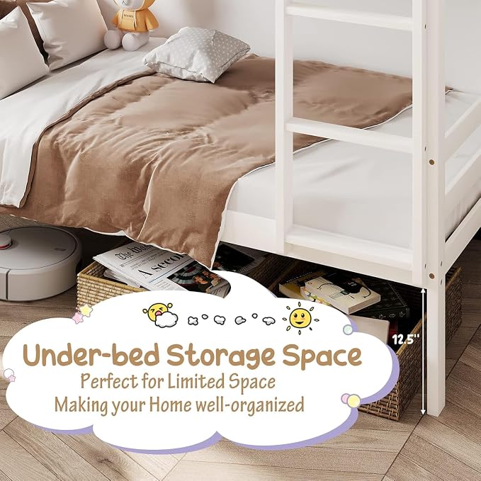 NAFORT Bunk Bed Twin Over Twin, Solid Wood Bunk Bed with Ladder and Safety Rails, Wooden Bed Frame for Kids Teens or Guests, Space-Saving Furniture for Bedroom Dorm, White
