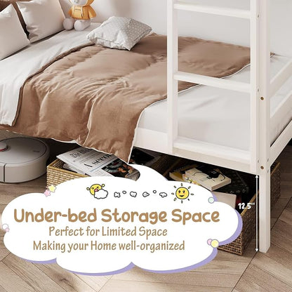 NAFORT Bunk Bed Twin Over Twin, Solid Wood Bunk Bed with Ladder and Safety Rails, Wooden Bed Frame for Kids Teens or Guests, Space-Saving Furniture for Bedroom Dorm, White